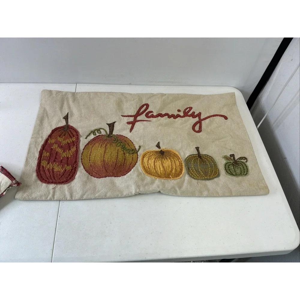 Pottery Barn Embroidered Pumpkin Plaid Family Pillow Cover Lot 2 16x26